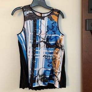 Blue, black white & gold sleeveless blouse